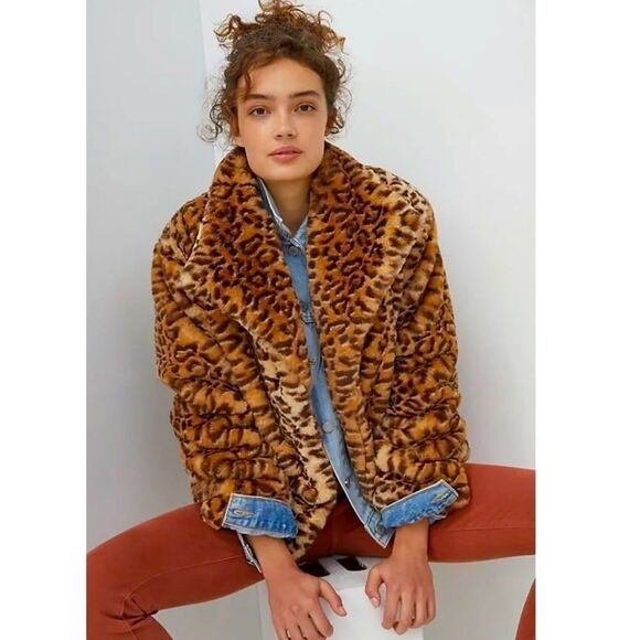 Anthropologie Courtney Leopard 🐆 Print Faux Fur Jacket Sz XS-S NWT